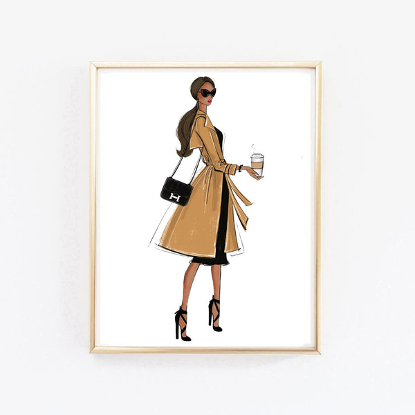 Girl in elegant trench coat with coffee art print fashion illustration