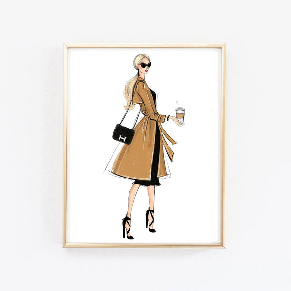 Girl in elegant trench coat with coffee art print fashion illustration