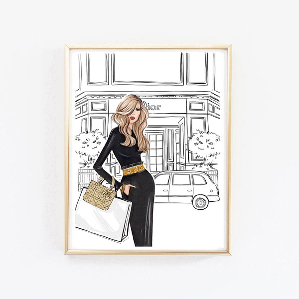 Lady on shopping in elegant outfit art print fashion illustration
