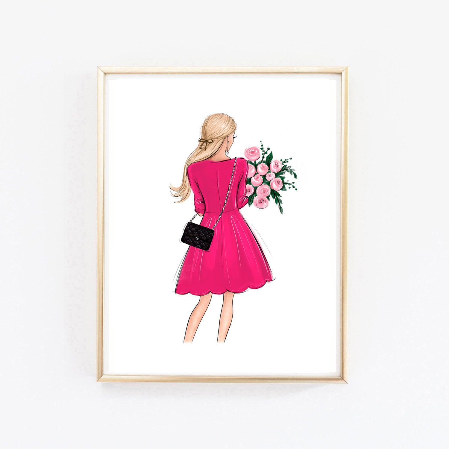Fashion wall art of girl in pink dress holding flowers