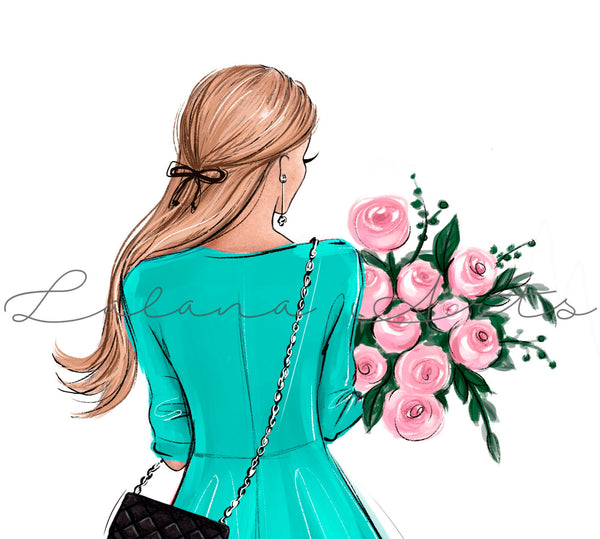 Fashion wall art of girl in pink dress holding flowers