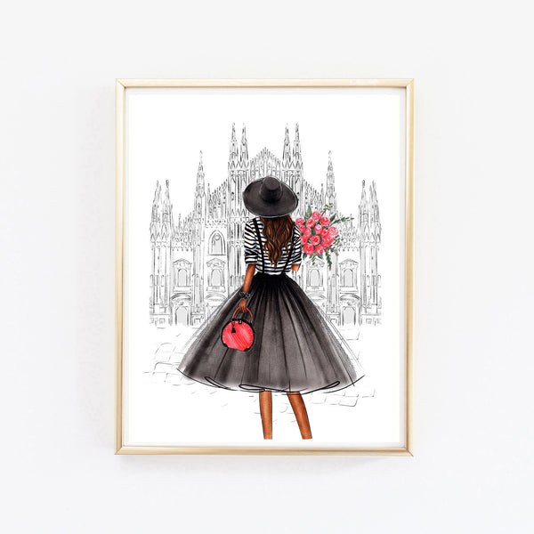 Girl in Milan with flowers art print fashion illustration – Lalana Arts