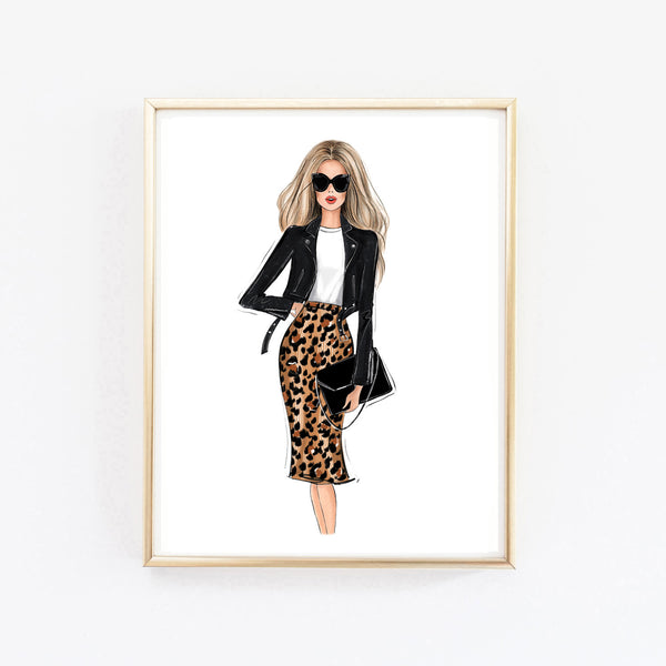 Leopard skirt outfit girl art print fashion illustration