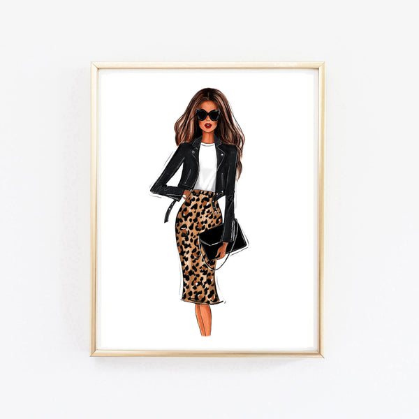 Leopard skirt outfit girl art print fashion illustration