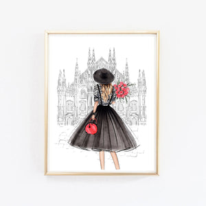Girl in Milan with flowers art print fashion illustration