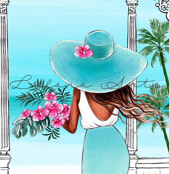 Fashion illustration of a girl with tropical bouquet in the terrace with sea view