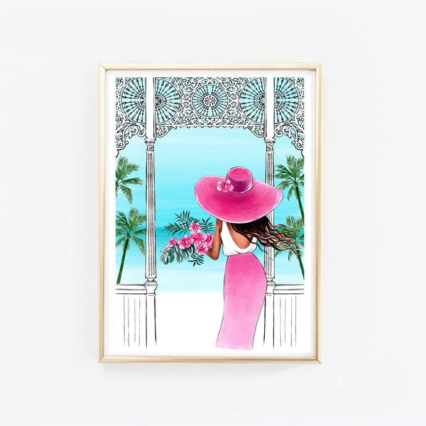 Fashion illustration of a girl with tropical bouquet in the terrace with sea view