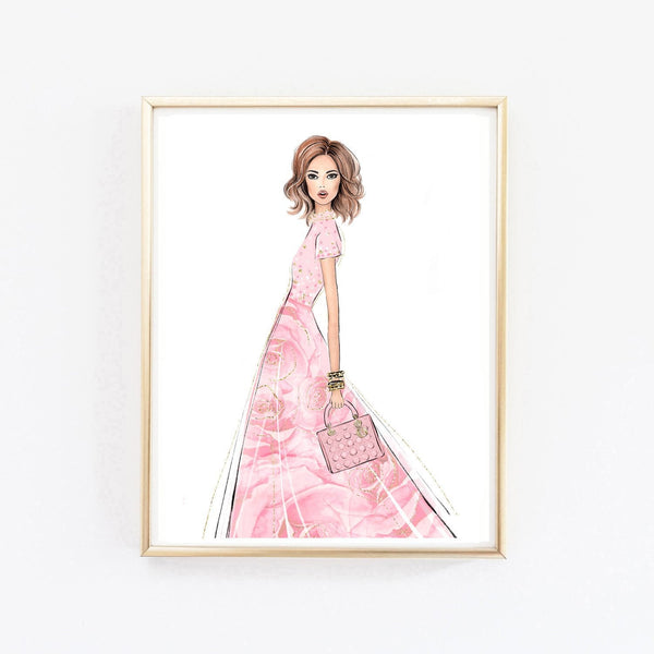 Girl in rose gown art print fashion illustration