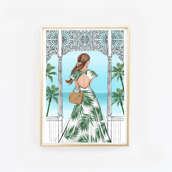 Summer vibes fashion illustration of a girl in tropical print dress in the terrace with sea viewtion