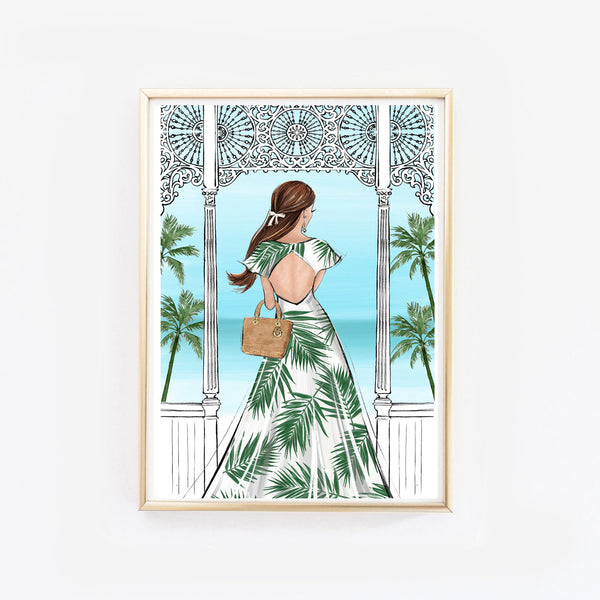 Summer vibes fashion illustration of a girl in tropical print dress in the terrace with sea viewtion
