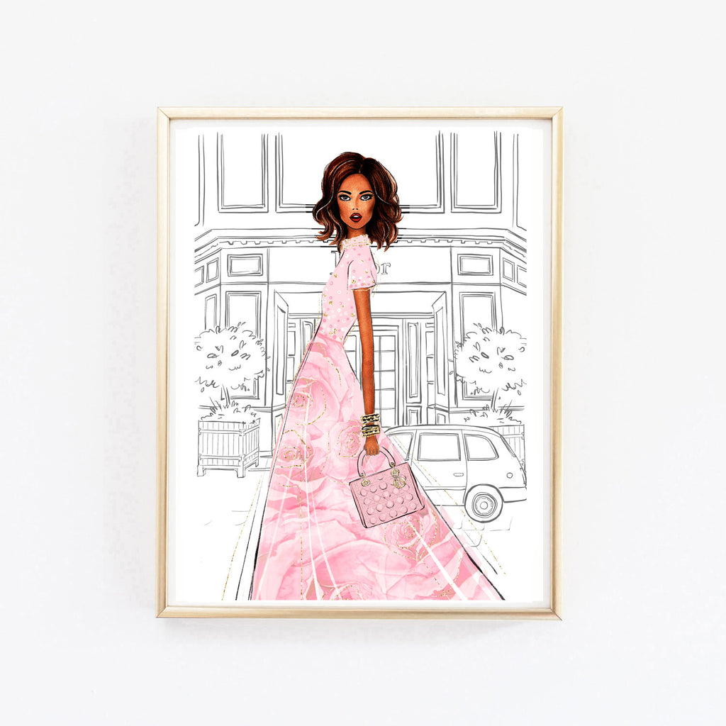 Watercolor romantic fashion wall art of girl in gown pink floral dress Lalana Arts Watercolor romantic fashion wall art of girl in gown pink floral dress Lalana Arts