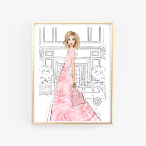 Watercolor romantic fashion wall art of girl in gown pink floral dress