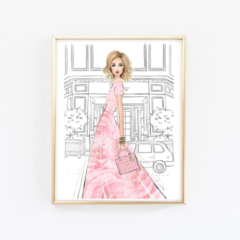 Watercolor romantic fashion wall art of girl in gown pink floral dress