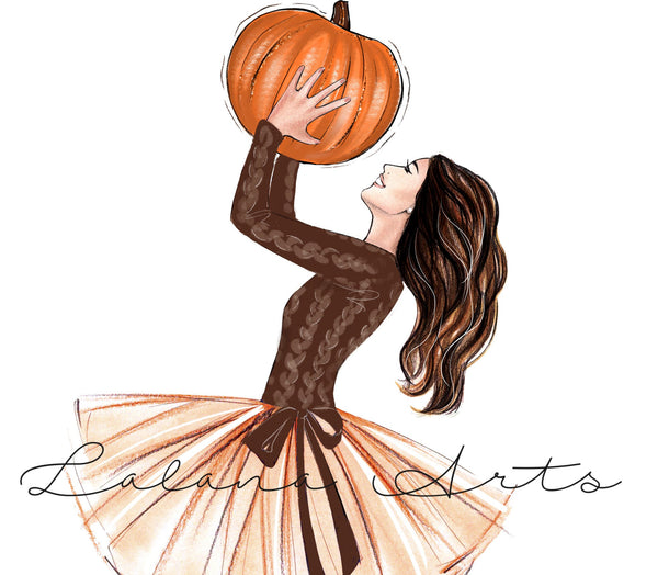 Fall fashion illustration art print of a girl with pumpkins