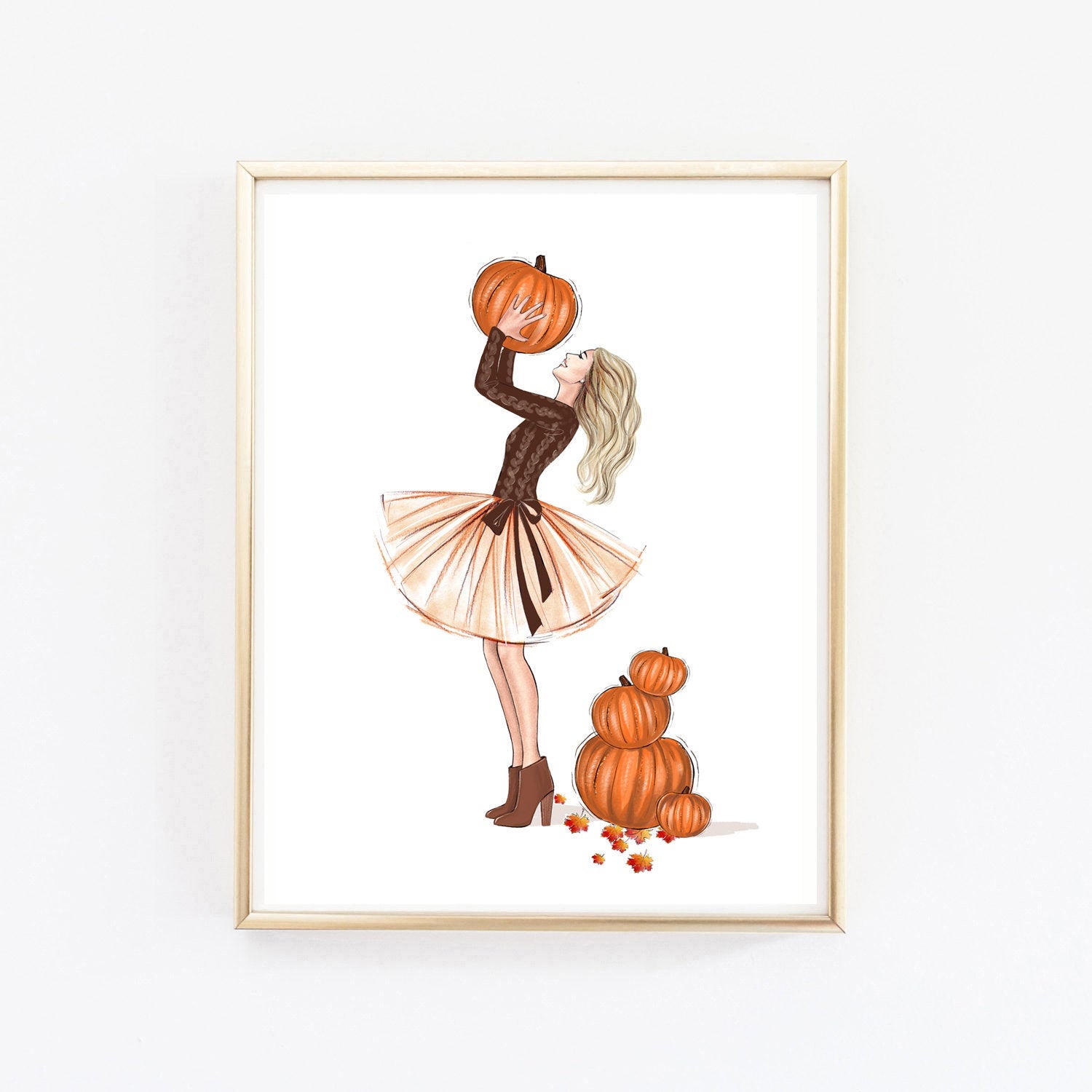 Fall fashion illustration art print of a girl with pumpkins