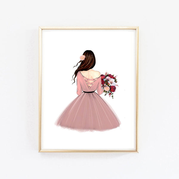 Lady with autumn bouquet art print fashion illustration