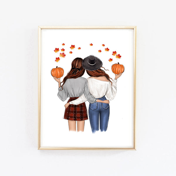 Fall fashion illustration art print of a girlfriends with pumpkins