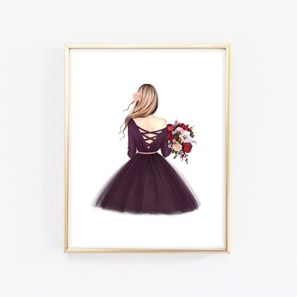 Fall fashion illustration art print of a lady with autumn bouquet.