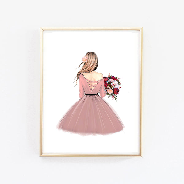 Lady with autumn bouquet art print fashion illustration