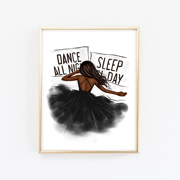 Dance all night sleep all day art print fashion illustration