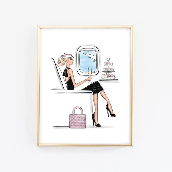 Girl traveling in style by airplane art print fashion illustration