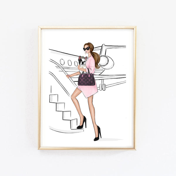 Girl traveling with French bulldog in style by airplane art print fashion illustration