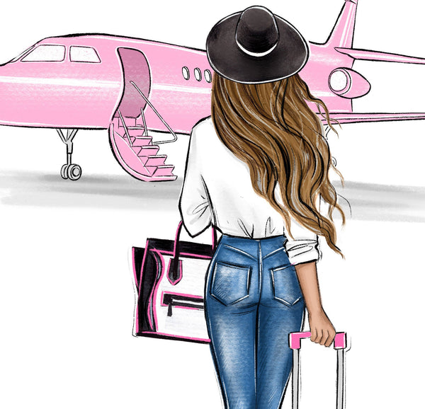 Girl and pink airplane art print fashion illustration