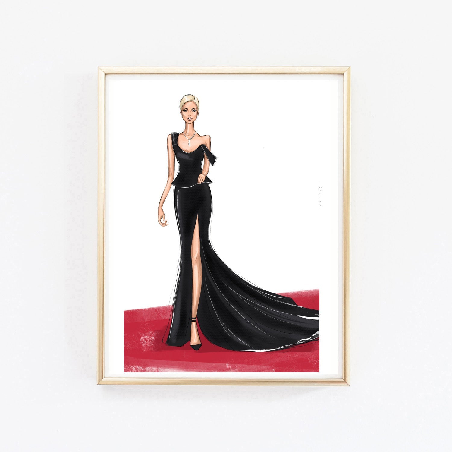 Red carpet black gown dress art print fashion Illustration