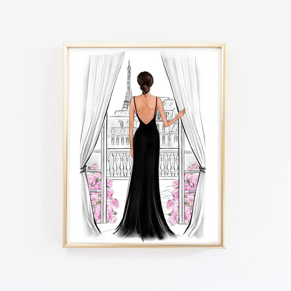 Girly watercolor fashion art of girl in black dress near window to Paris