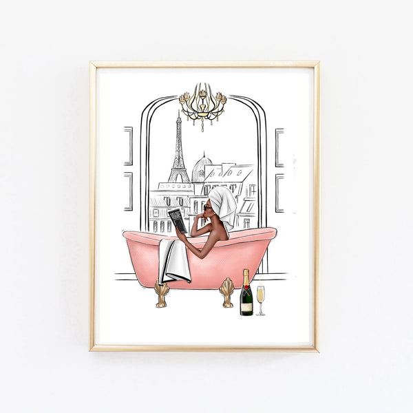 Girl in fancy bathroom in New York or Paris art print fashion illustration
