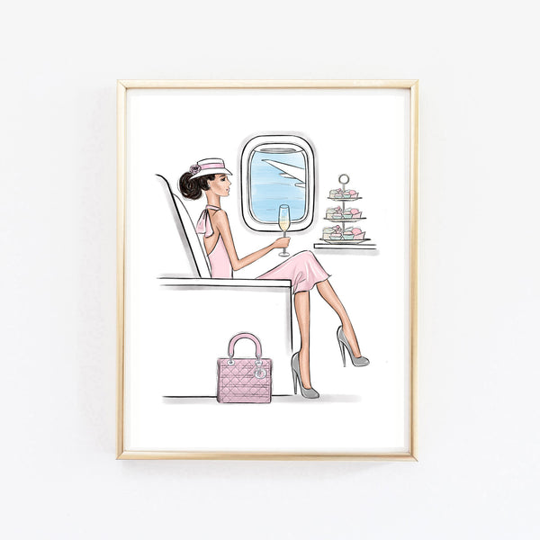 Girl traveling in style by airplane art print fashion illustration