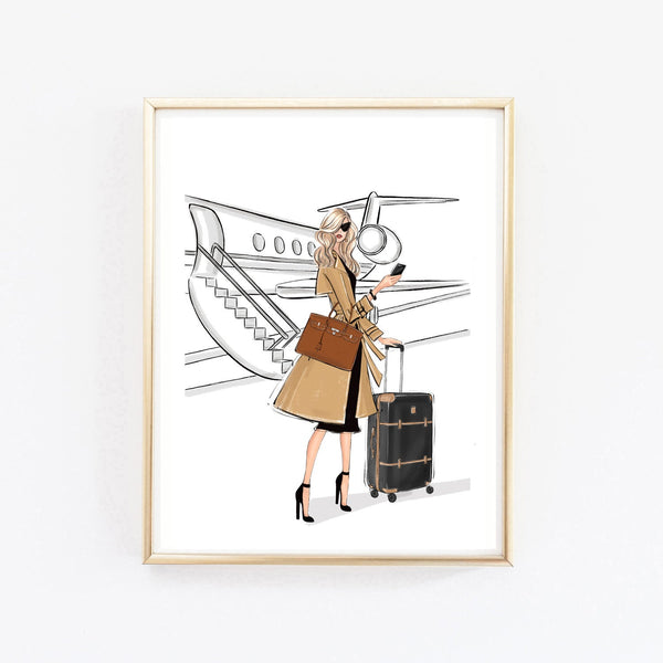 Boss girl travalling in style by airplane art print fashion illustration