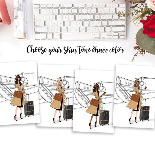 Boss girl travalling in style by airplane art print fashion illustration