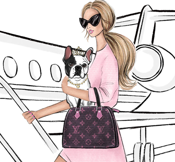 Girl traveling with French bulldog in style by airplane art print fashion illustration
