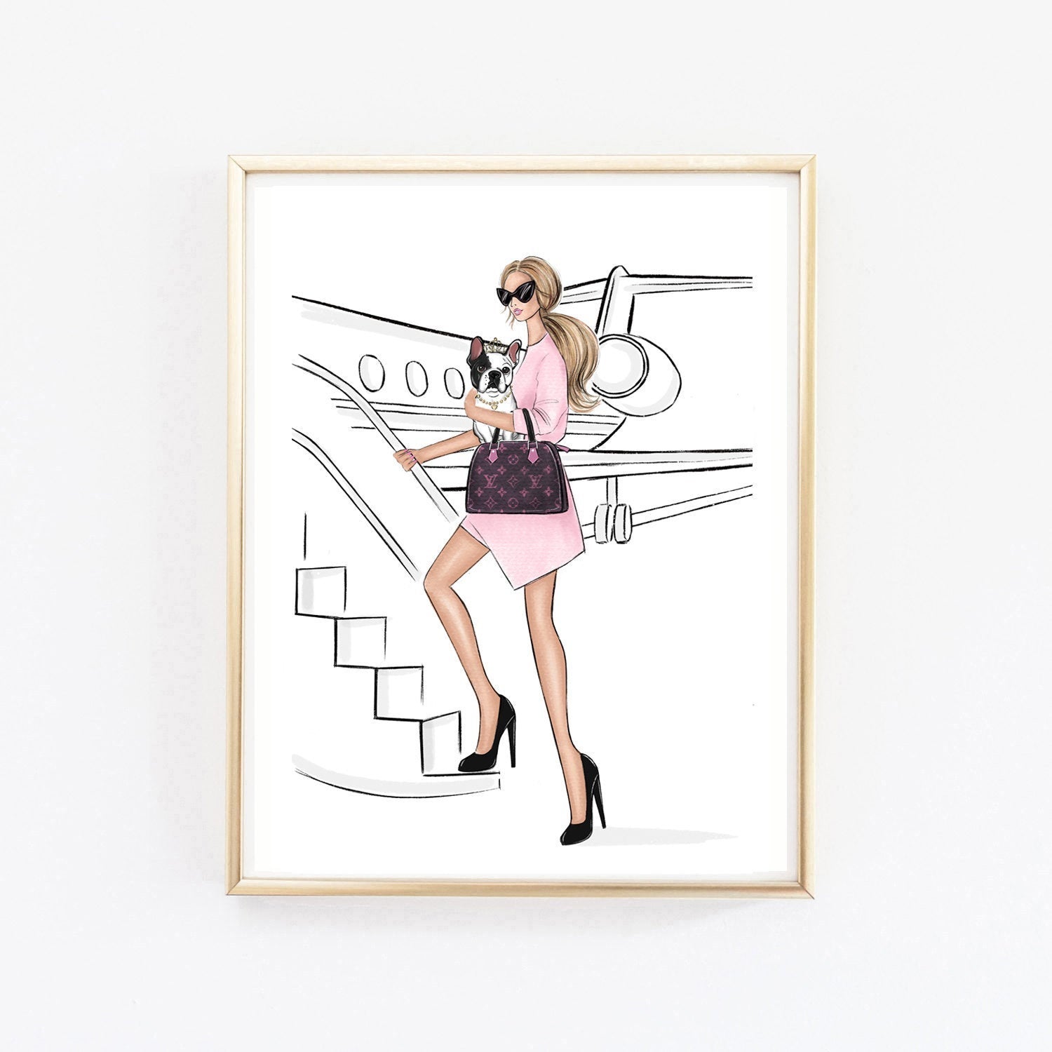 Girl traveling with French bulldog in style by airplane art print fash –  Lalana Arts