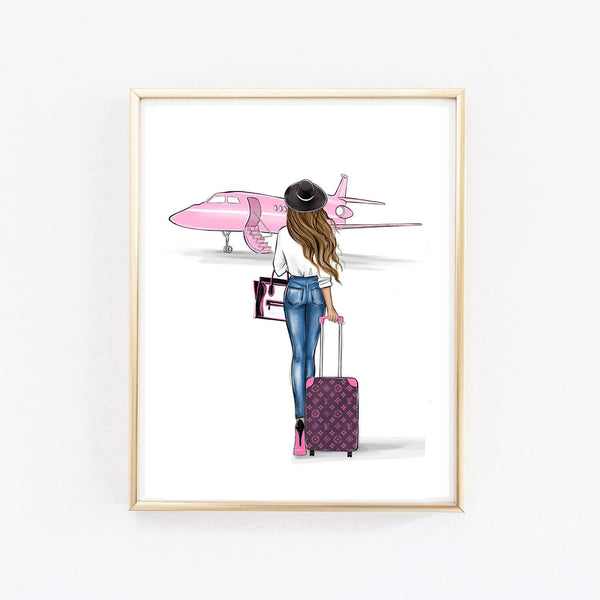 Girl and pink airplane art print fashion illustration