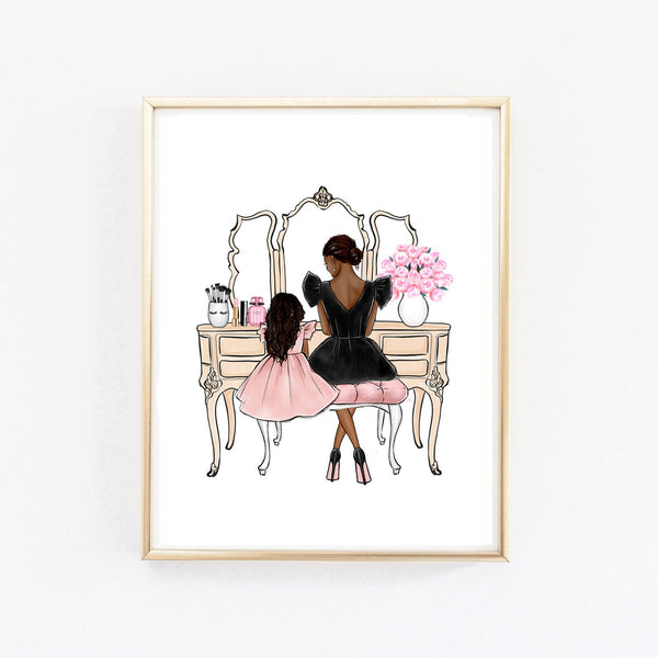 Mother and daughter vanity art print fashion illustration, Girly wall art, Mother's day gift, Princess bedroom wall art, Fashion sketch