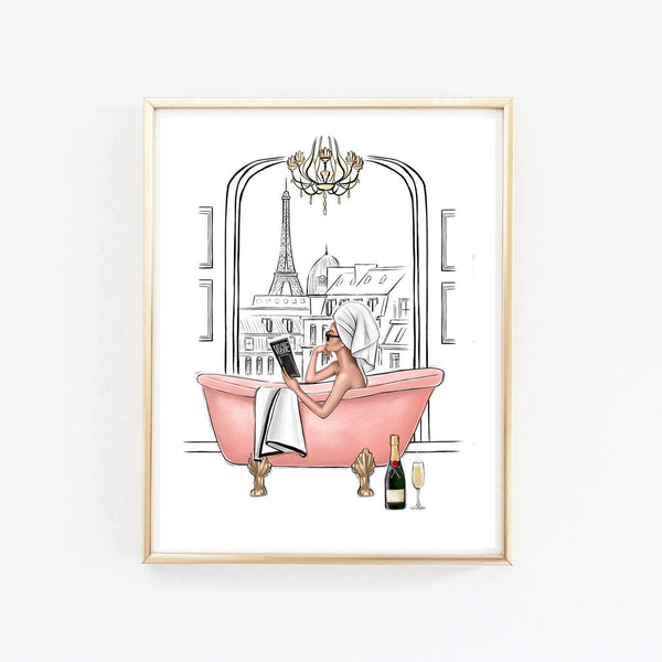 Girl in fancy bathroom in New York or Paris art print fashion illustration
