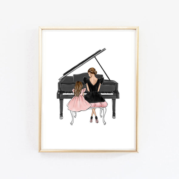 Mother and daughter play piano art print fashion illustration