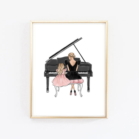 Mother and daughter play piano art print fashion illustration