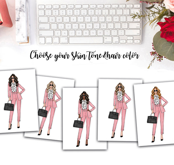 Girl boss in pink suit art print fashion illustration