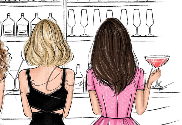 Girls in the city fashion illustration, best friends in the bar art print