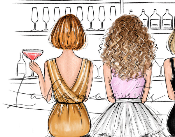 Girls in the city fashion illustration, best friends in the bar art print