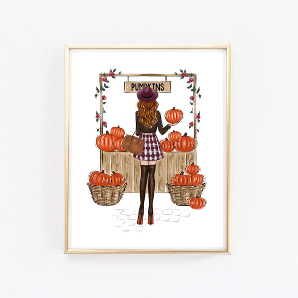 Pumpkins shopping girly art print fashion illustration