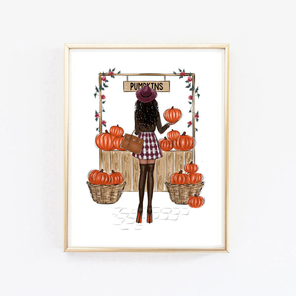 Pumpkins shopping girly art print fashion illustration