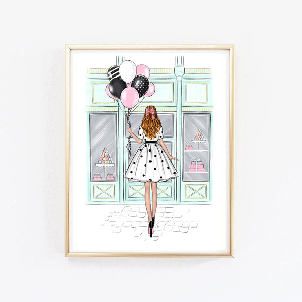 Sweets shop vitrine girly art print fashion illustration
