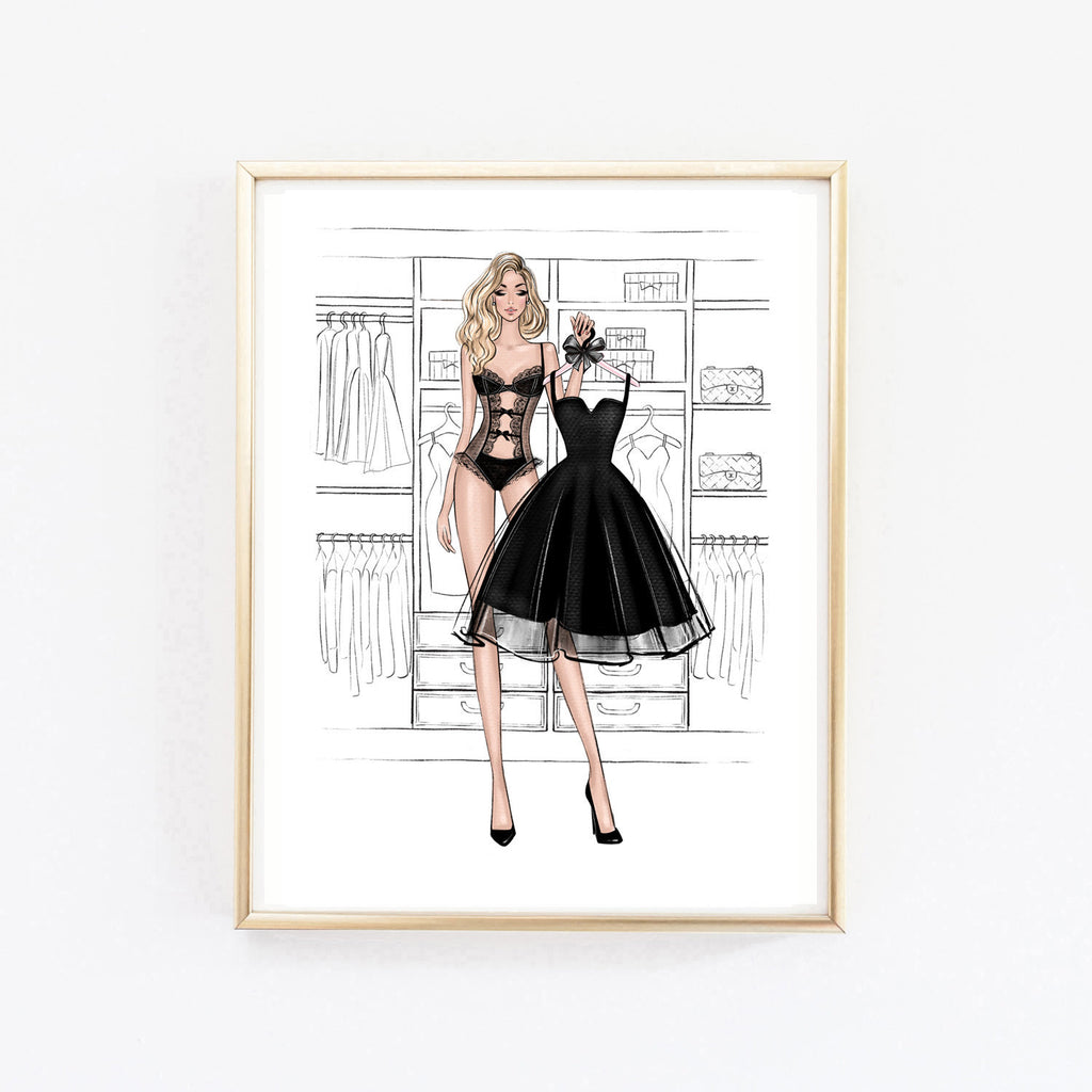 black dress fashion illustration Beautiful girl on elegance black dress fashion illustration