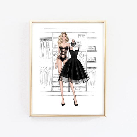 Little black dress in my closet art print fashion illustration