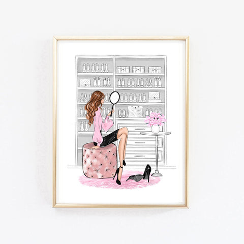 Lady in Closet art print fashion illustration in pink tones