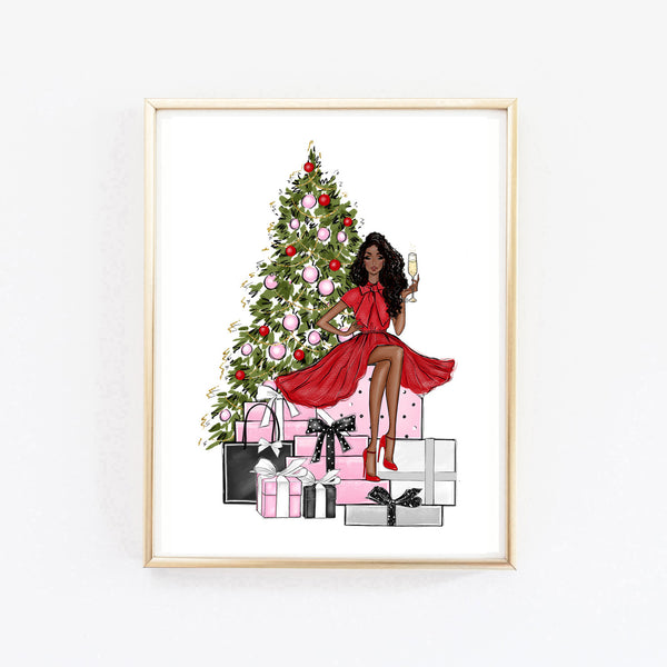 Christmas art fashion illustration of a girl on the gift boxes and Christmas tree